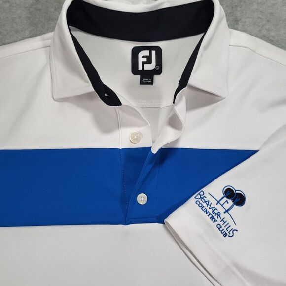 FootJoy Mens Large White Blue Smooth Pique Pieced Stripe Polo course logo sleeve - Picture 1 of 9